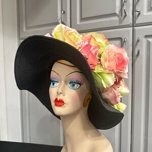 Vintage Black Floppy Hat Floral Embellished Artisan Hat Derby Extravagant